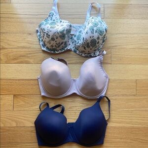 Laura Ashley Green Floral, White, and Navy Bra Trio